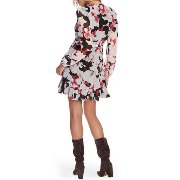 1 STATE woman's size 4 Moonlit Petals floral ruffle sheer long sleeve mini dress - Picture 2 of 15